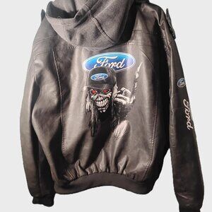 PU Black Leather Custom made Ford Coat With Grey knit Hood, 3xl, ghost, skull